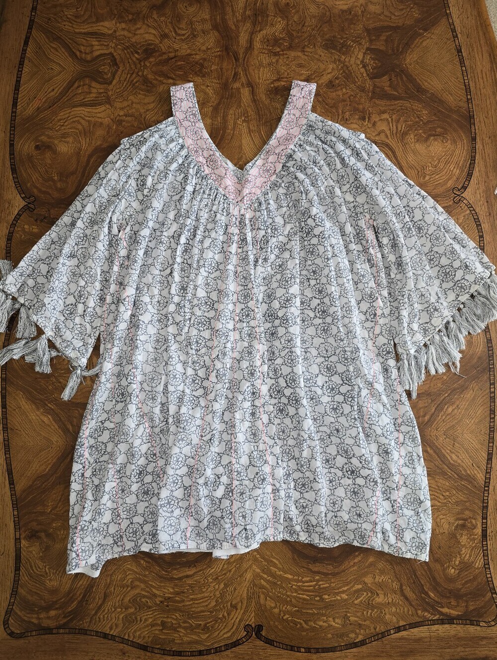 Uncle Frank Boho Buti Print Cold Shoulder Cotton Fringe Dress Size S Oversized